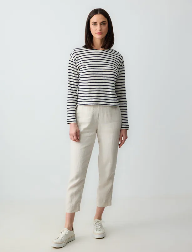 Women Ecru Crew-Neck Striped Linen Blend Knitted T-Shirt
