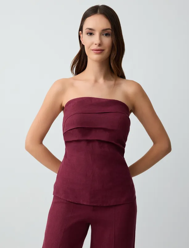 Women Claret Red 100% Linen Slim Fit Strapless Blouse
