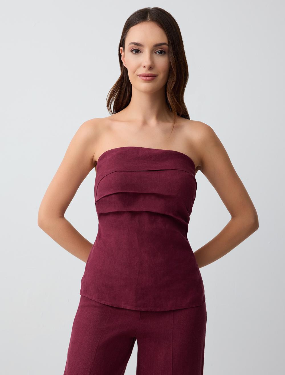 %100 Keten Dar Kesim Straplez Bluz