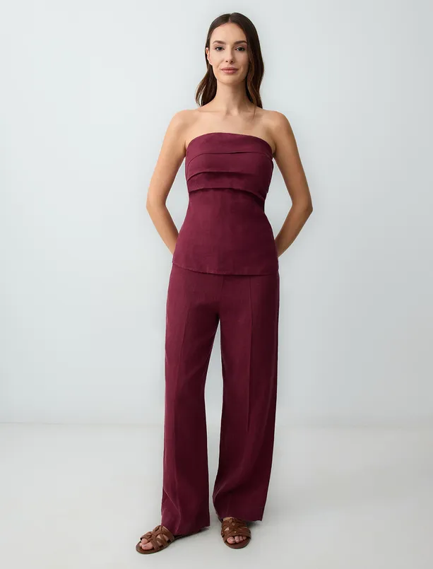 Women Claret Red 100% Linen Slim Fit Strapless Blouse