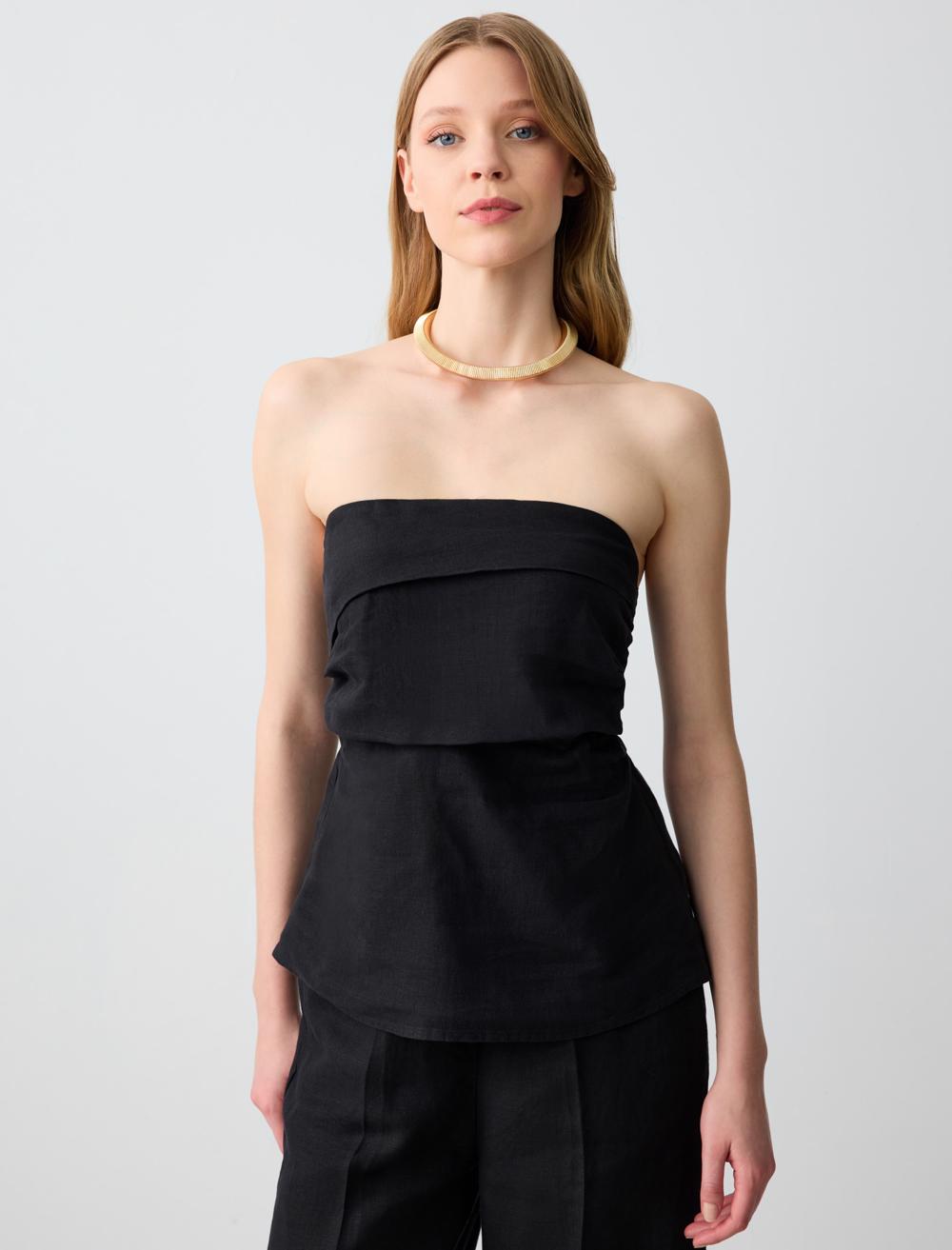 %100 Keten Dar Kesim Straplez Bluz