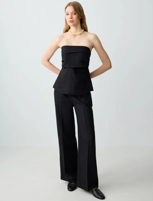 Women Black 100% Linen Slim Fit Strapless Blouse