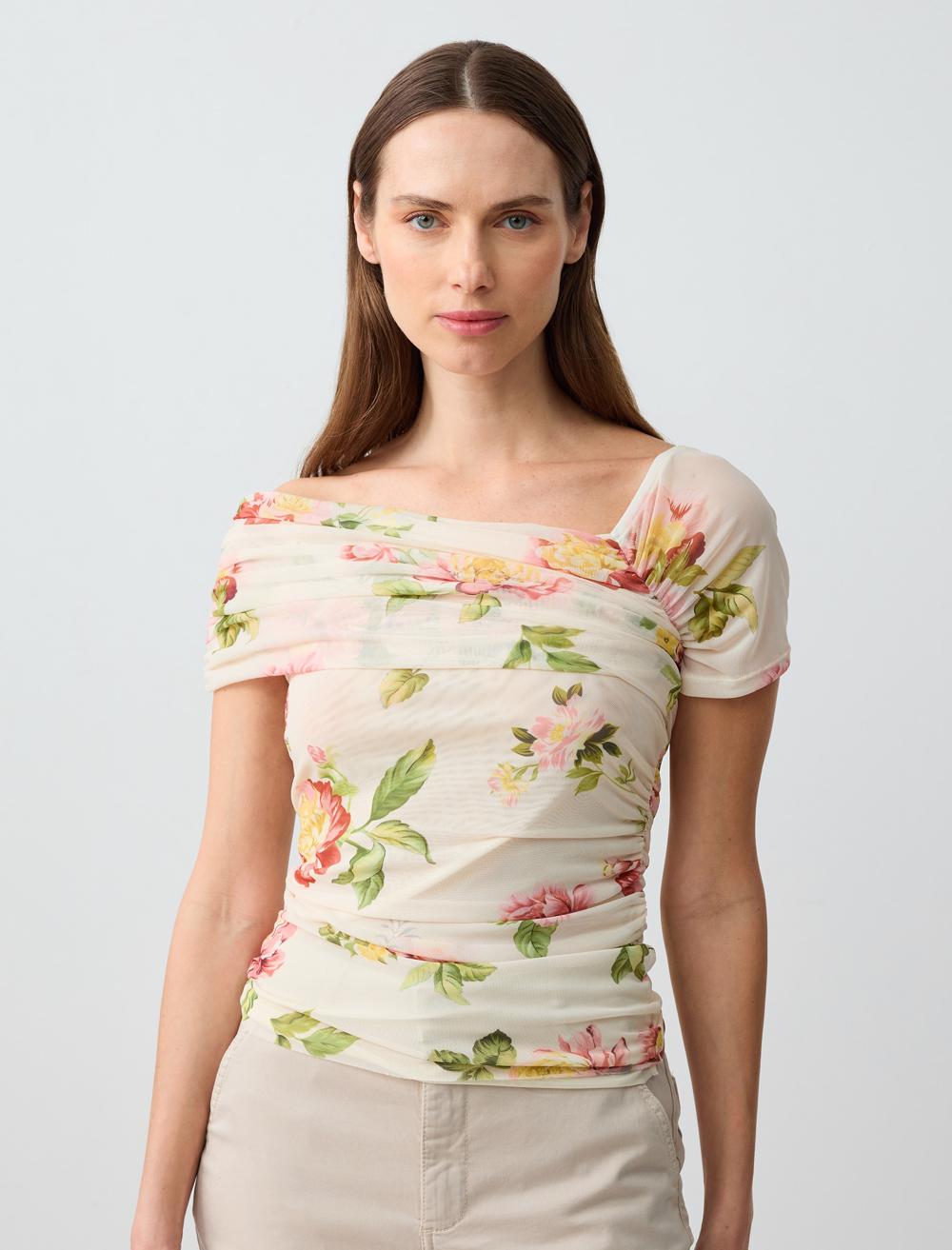 Dar Kesim Asimetrik Yaka Desenli Kolsuz Mesh Örme Bluz