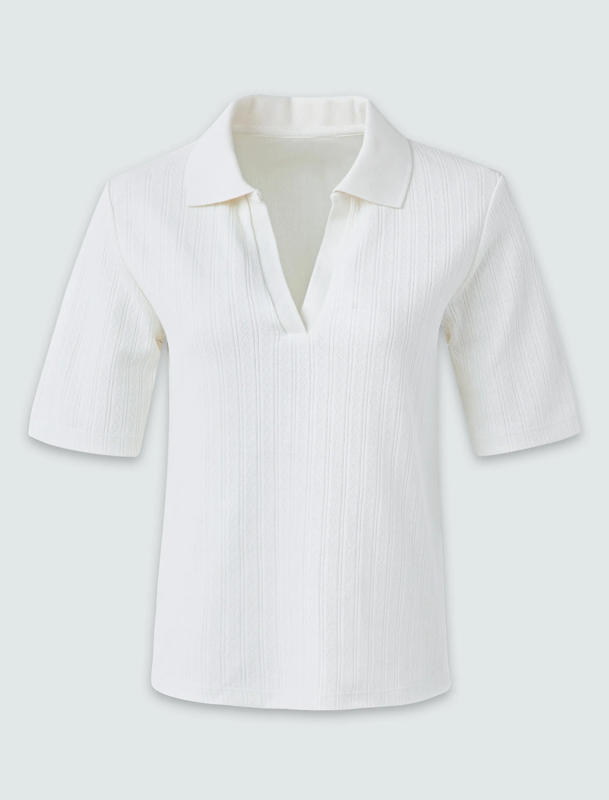 Ekru %100 Pamuk Polo Yaka Kısa Kollu Örme Bluz