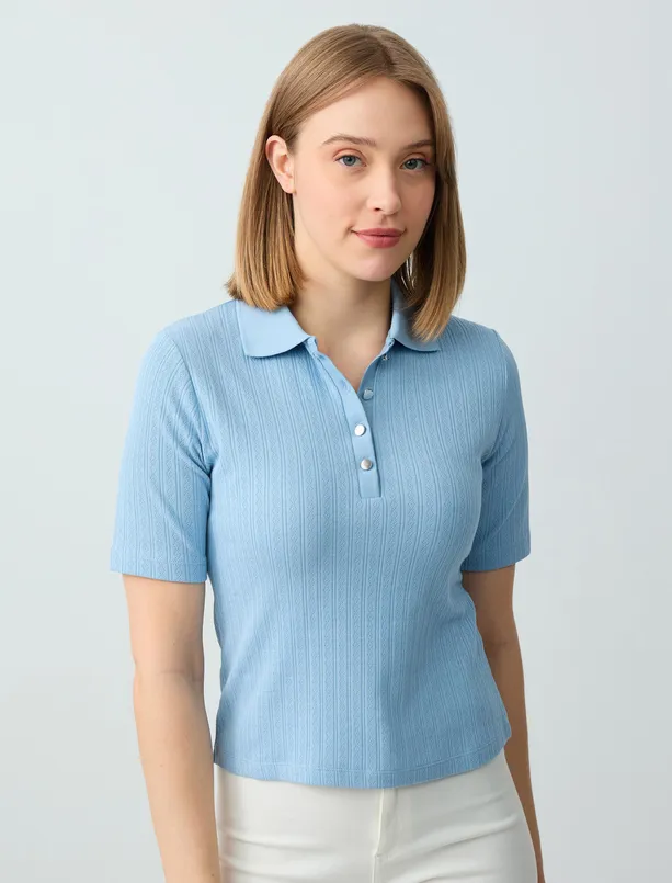 Bayan  %100 Pamuk Polo Yaka Kısa Kollu Örme Bluz