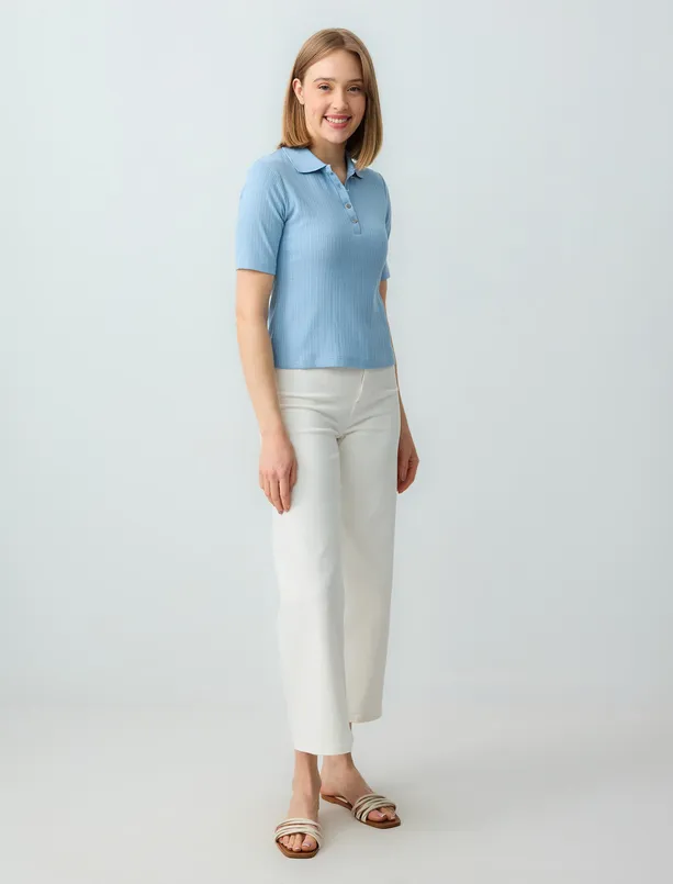Women Blue 100% Cotton Polo Collar Short Sleeve Knitted Blouse