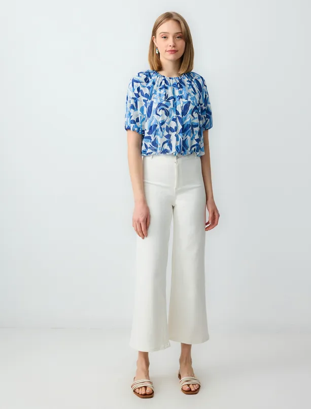 Women Blue Round Neck Watermelon Sleeve Patterned Mesh Knitted Blouse
