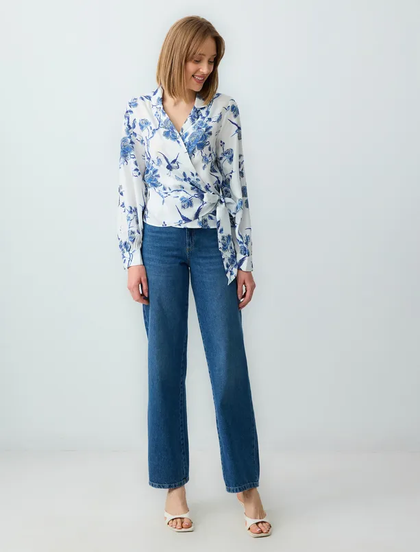 Women White Relaxed Fit Long Sleeve Crew Neck Patterned Blouse