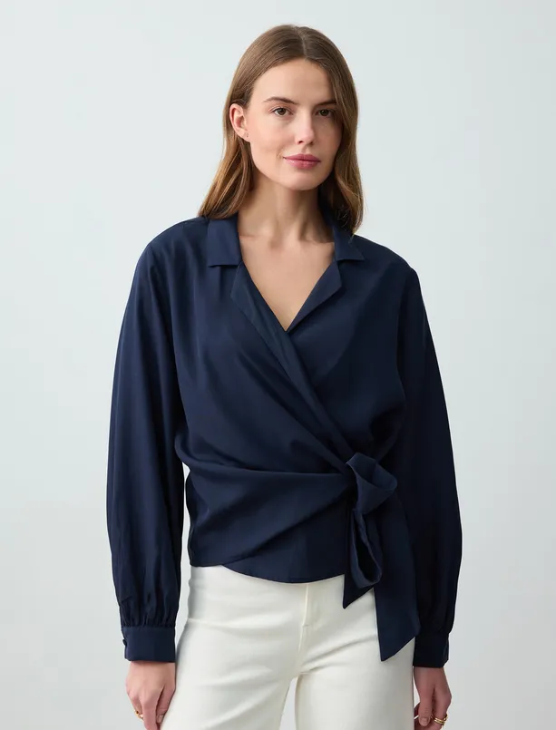 Women Dark Blue Relaxed Fit Long Sleeve Shirt Collar Woven Blouse