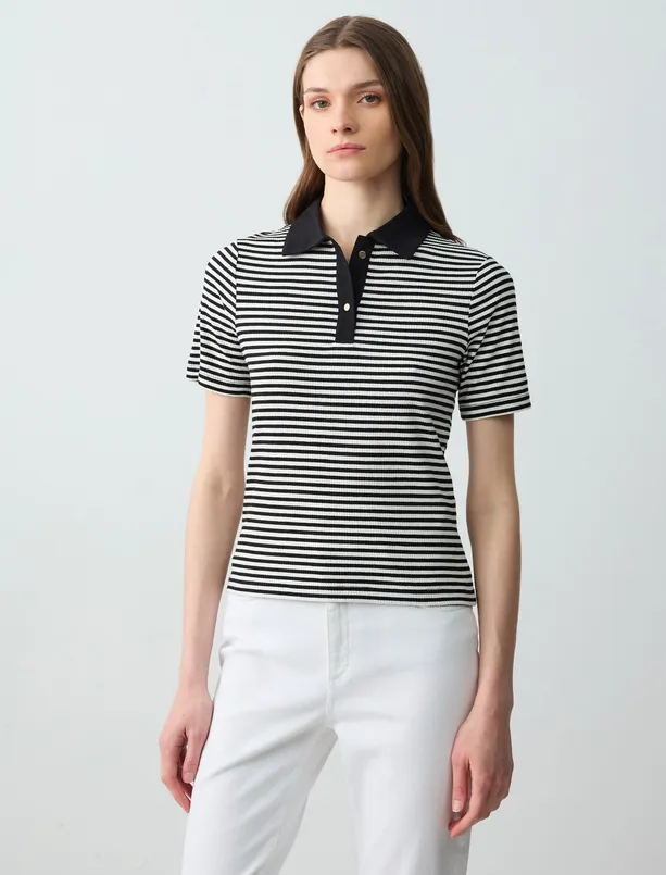Women Black Polo Collar Short Sleeve Line Patterned Knitted Blouse