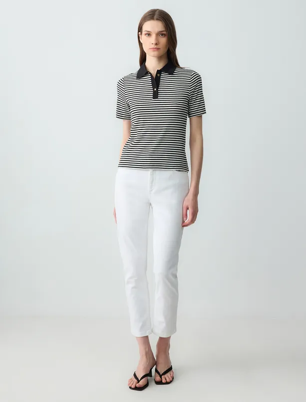 Women Black Polo Collar Short Sleeve Line Patterned Knitted Blouse