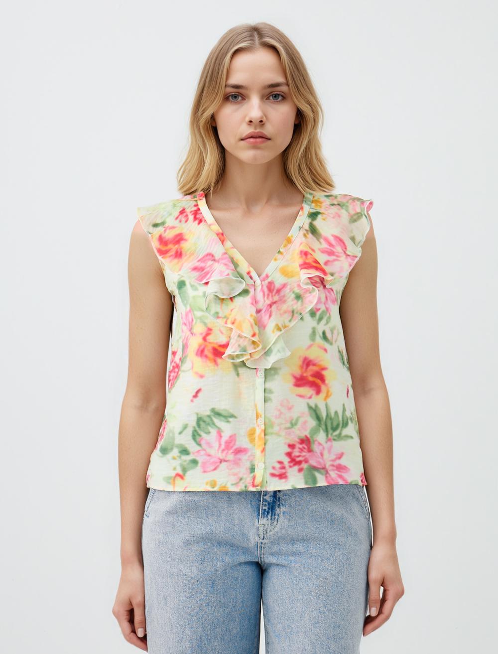 V Yaka Kolsuz Çiçek Desenli Dokuma Bluz