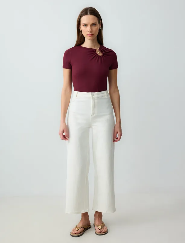 Women Claret Red Asymmetric Neck Short Sleeve Knitted Blouse