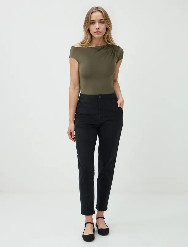 Women Haki Straight Cut Boat Neck One Shoulder Knitted Blouse