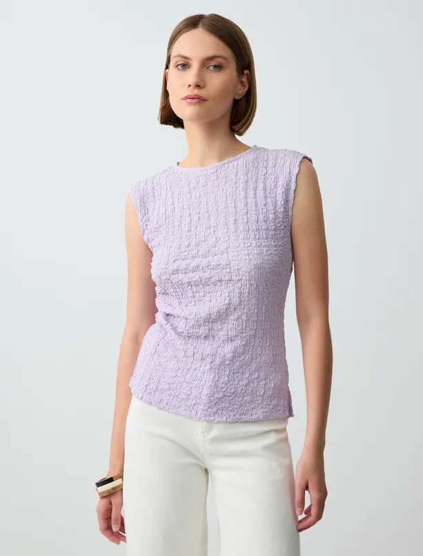 Women Purple Crew Neck Sleeveless Patterned Knitted Blouse