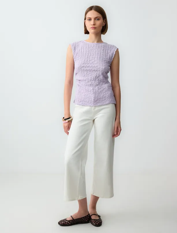 Women Purple Crew Neck Sleeveless Patterned Knitted Blouse