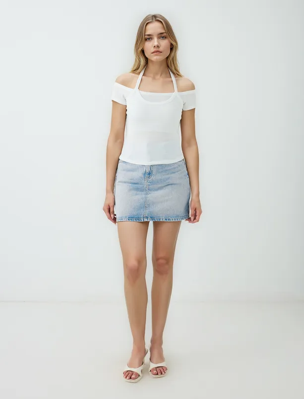 Women White Slim Fit Open Neck Low Shoulder Blouse