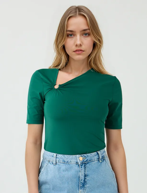 Women Green Slim Fit Asymmetric Collar Short Sleeve Blouse