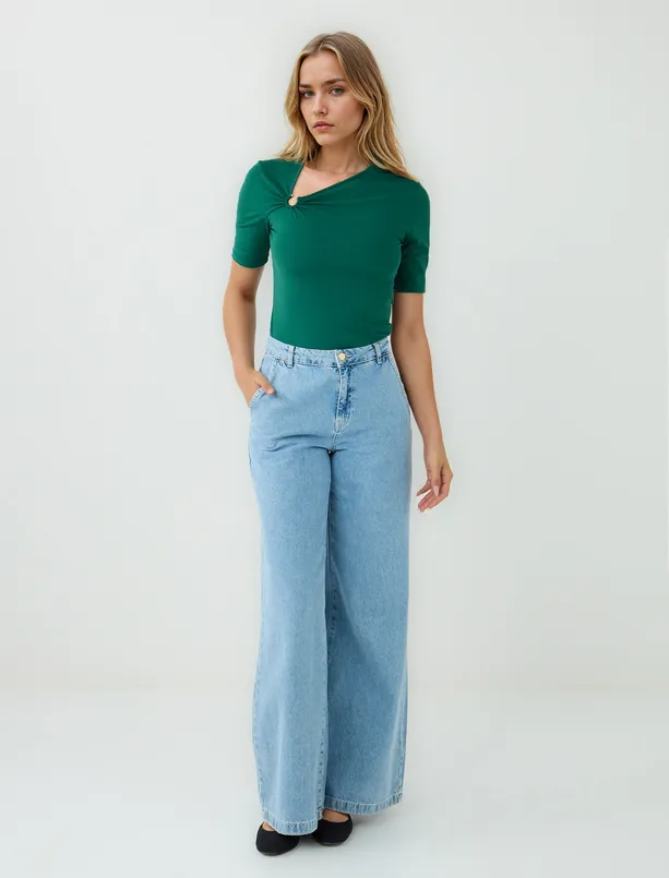Women Green Slim Fit Asymmetric Collar Short Sleeve Blouse