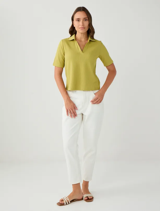 Women Green 100% Cotton Short Sleeve Shirt Collar Knitted Blouse