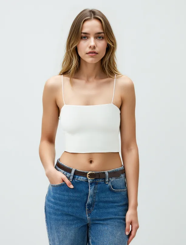Women White Slim Fit Straps Open Neck Knitted Bralettes