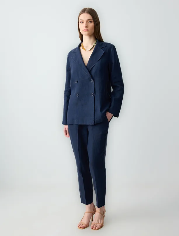 Women Dark Blue 100% Linen Straight Cut Shirt Collar Long Sleeve Woven Jacket