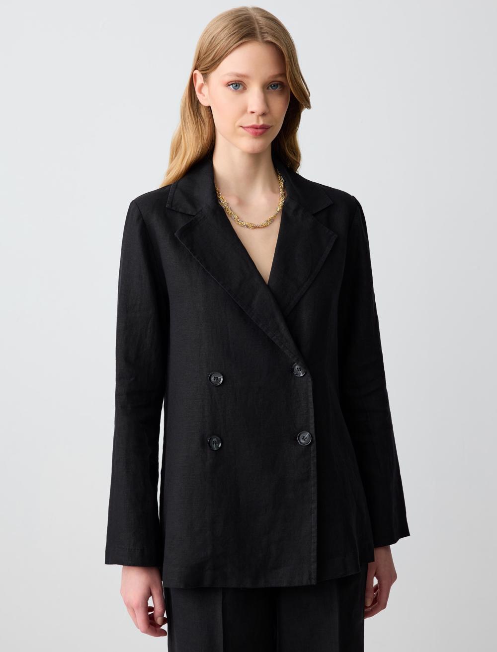 %100 Keten Düz Kesim Blazer Ceket