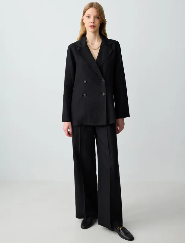 Women Black 100% Linen Straight Cut Shirt Collar Long Sleeve Woven Jacket