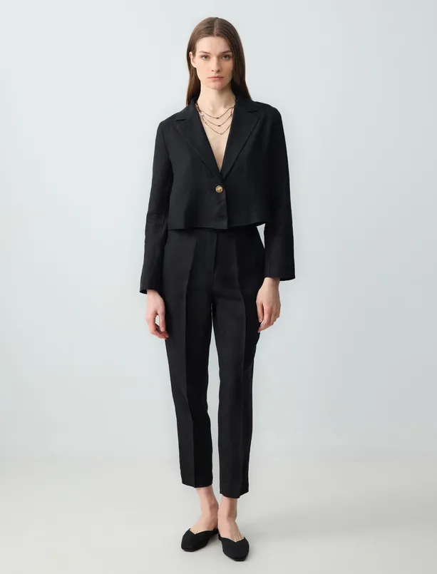 Women Black 100% Linen Straight Cut Long Sleeve Short Jacket