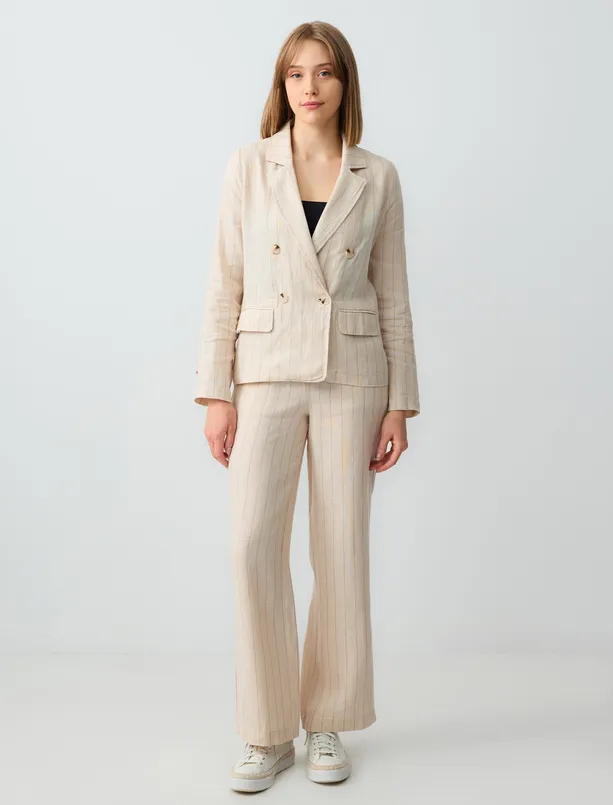 Women Beige 100% Linen Long Sleeve Jacket