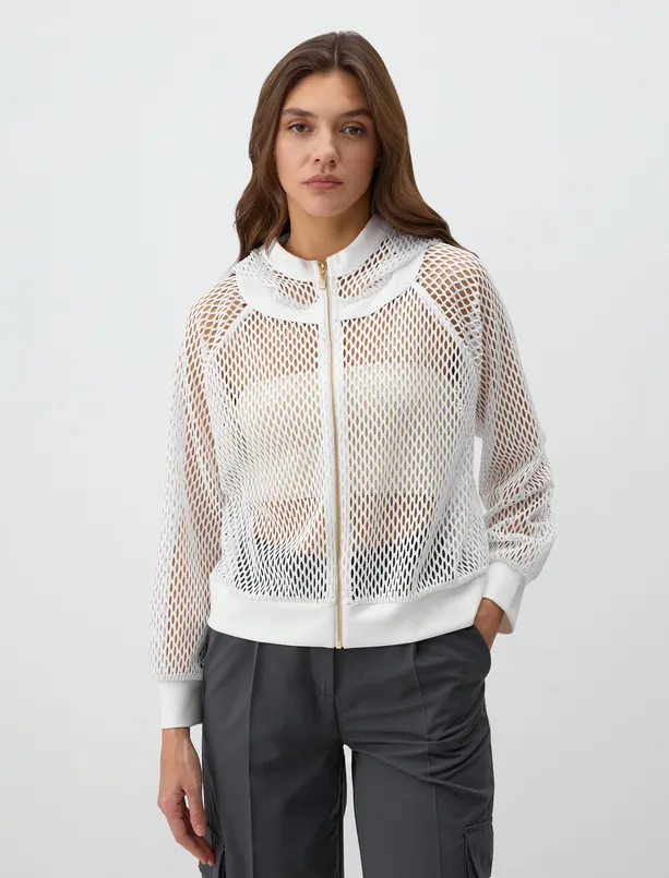 Women  Straight Cut Long Sleeve Hooded Openwork Knitted Jacket
