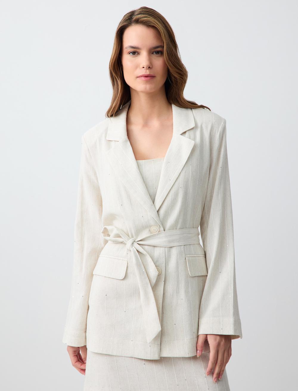 Düz Kesim Uzun Kollu Dokuma Keten Karışımlı Ceket