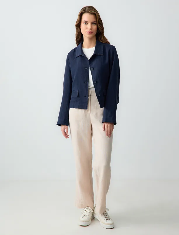 Women Dark Blue 100% Linen Long Sleeve Short Jacket with Button Detail