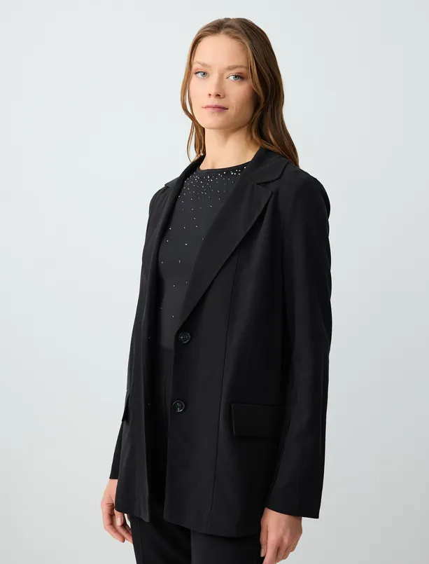 Women Black Long Sleeve Straight Cut Woven Jacket