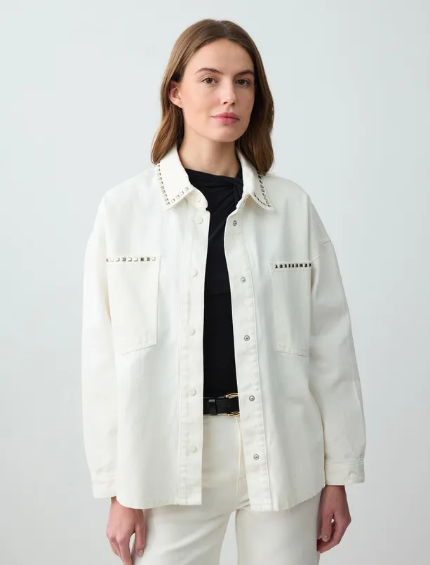 Bayan  %100 Pamuk Uzun Kollu Metal İşlemeli Denim Gömlek