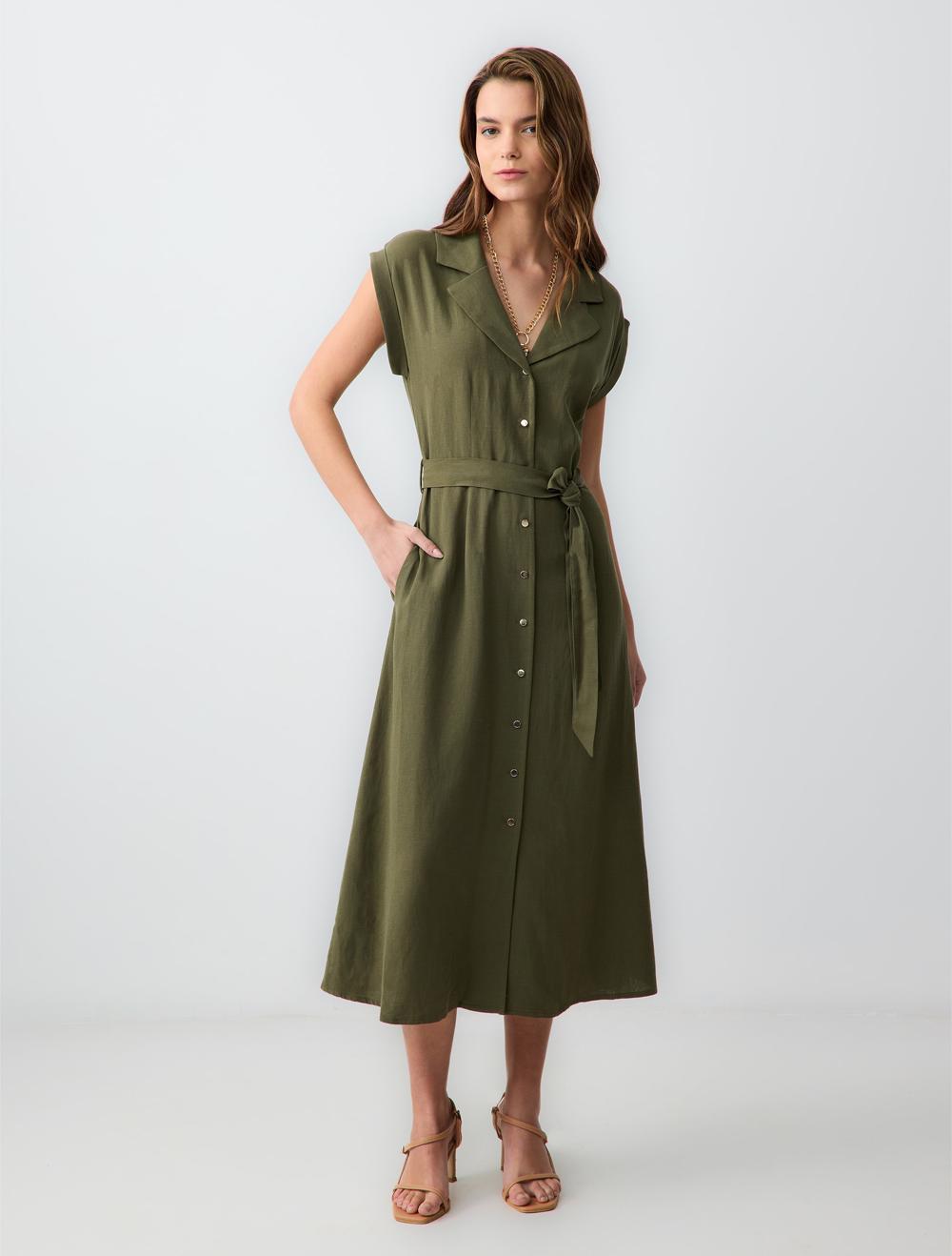 Kısa Kollu Gömlek Yaka Keten Karışımlı Midi Elbise