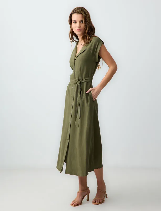 Women Haki Short Sleeve Shirt Collar Linen Blend Midi Dress