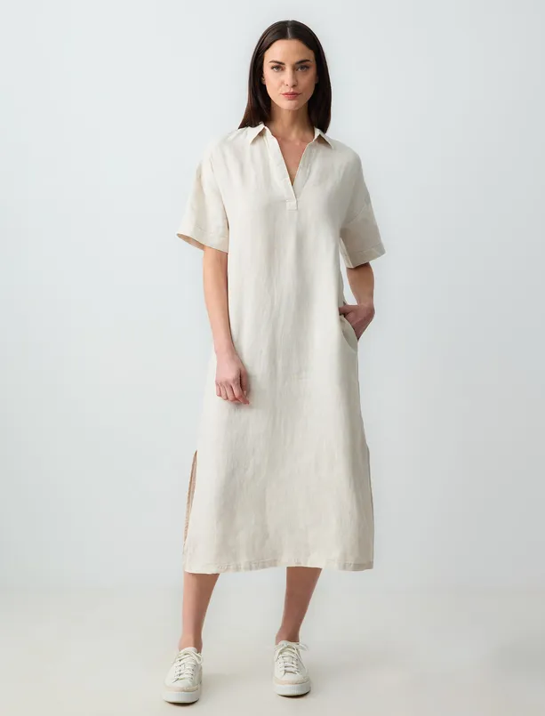 Women Beige 100% Linen Relaxed Fit Shirt Collar Short Sleeve Midi Dress