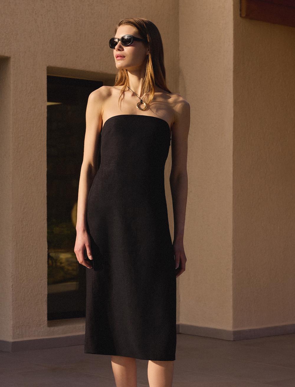 %100 Keten Dar Kesim Açık Yaka Straplez Midi Elbise