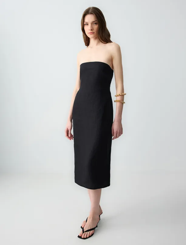 Women Black 100% Linen Slim Fit Open Neck Strapless Midi Dress