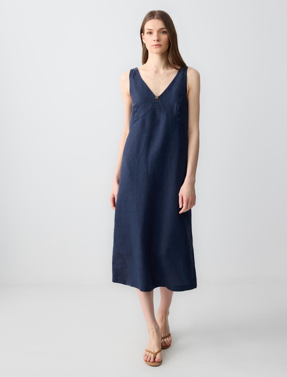 %100 Keten Rahat Kesim V Yaka Kolsuz Midi Elbise