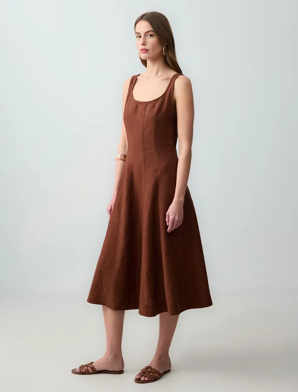 Women Brown 100% Linen U Neck Sleeveless Midi Dress