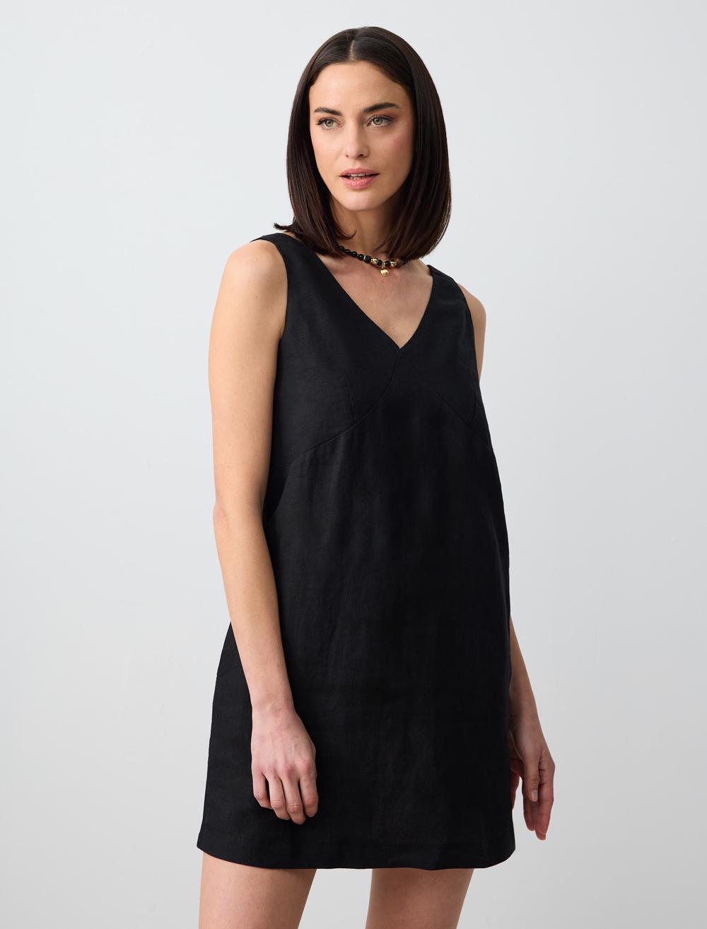 %100 Keten V Yaka Kolsuz Mini Elbise
