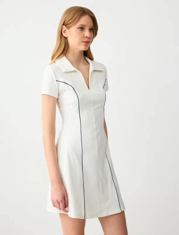 Women White Slim Fit Polo Collar Short Sleeve Mini Dress