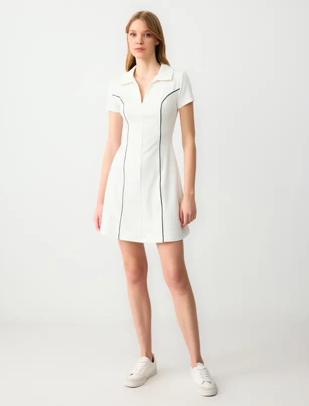 Women White Slim Fit Polo Collar Short Sleeve Mini Dress