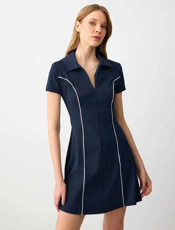 Women Dark Blue Slim Fit Polo Collar Short Sleeve Mini Dress