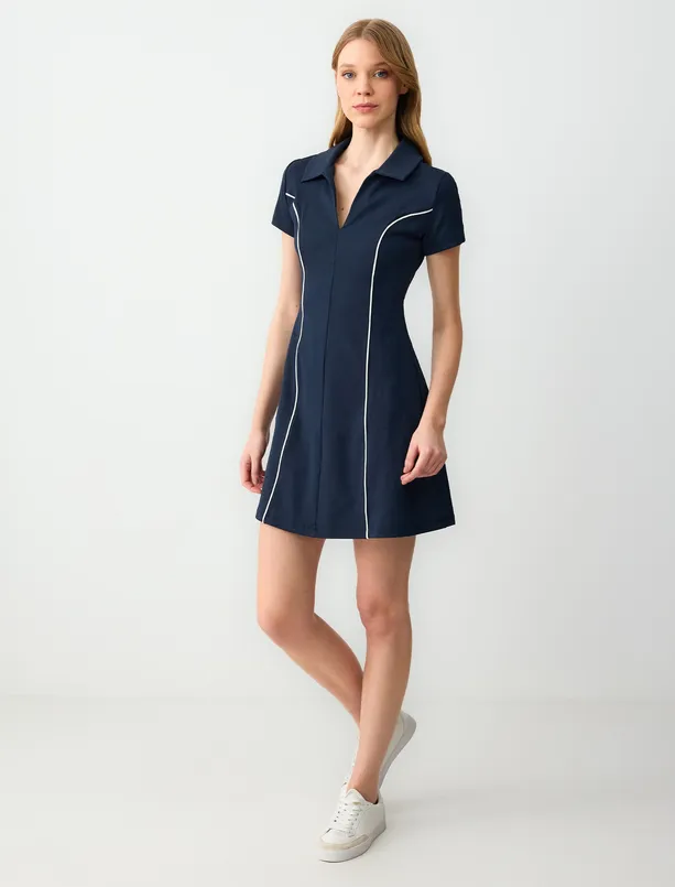 Women Dark Blue Slim Fit Polo Collar Short Sleeve Mini Dress