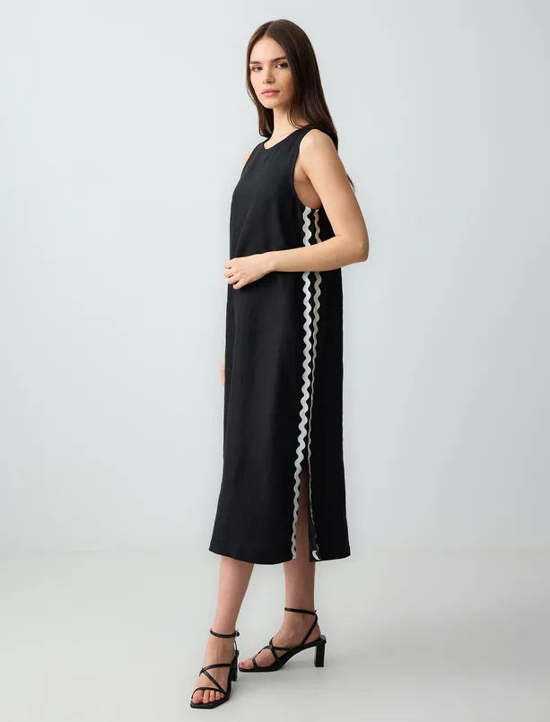 Women  100% Linen Sleeveless Midi Dress with Crew-Neck Slit Detail