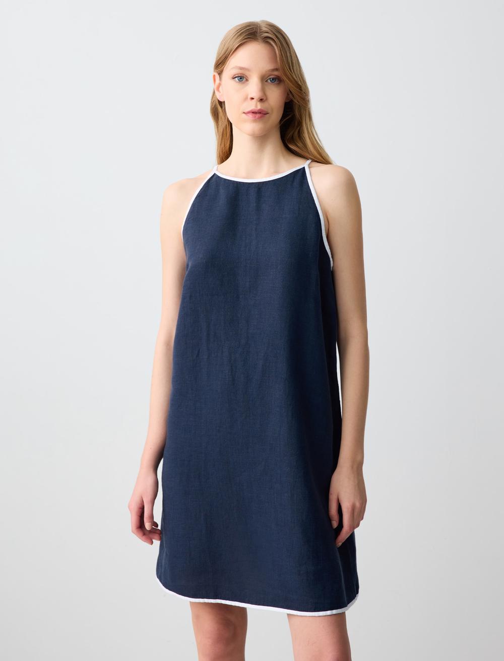 %100 Keten Rahat Kesim Halter Yaka Askılı Mini Elbise