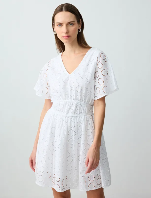 Women White 100% Cotton V Neck Openwork Short Sleeve Mini Woven Dress